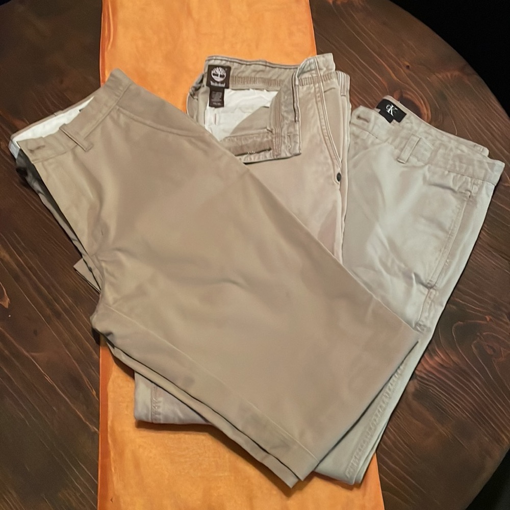 3 pairs of 34x32 Mens Khaki pants. Calvin Klein Timberland Life Made Simple